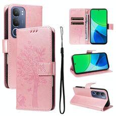 Per vivo Y19 4G Custodia per telefono in pelle con motivo a rilievo albero e gatto globale (oro rosa)