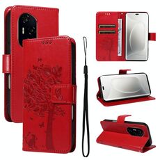 Per Honor 300 Pro / 300 Ultra Custodia in pelle con motivo in rilievo albero e gatto (rosso)
