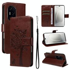 Per Honor 300 Pro / 300 Ultra Custodia in pelle con motivo in rilievo albero e gatto (caffè)