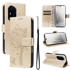 Per Honor 300 Pro / 300 Ultra Custodia in pelle con motivo in rilievo albero e gatto (oro)