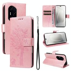 Per Honor 300 Pro / 300 Ultra Custodia in pelle con motivo in rilievo albero e gatto (oro rosa)