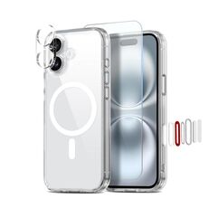 Per iPhone 16 NORTHJO 3 in 1 PC Custodia magnetica per telefono con pellicola per schermo e pellicola per obiettivo (trasparente)