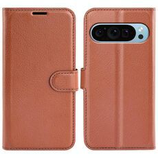 Per Google Pixel 9 / 9 Pro Custodia per telefono in pelle con texture Litchi orizzontale con supporto (marrone)