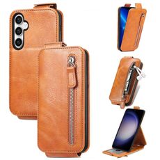 Per Samsung Galaxy S23 FE 5G Portafoglio con cerniera Custodia per telefono in pelle con vibrazione verticale (marrone)