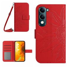 Per vivo Y04 4G / Y29s 5G Custodia in pelle con stampa a fiore di sole e cordino (rosso)