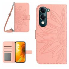 Per vivo Y04 4G / Y29s 5G Custodia in pelle con stampa a fiore di sole e cordino (rosa)