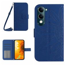 Per vivo Y04 4G / Y29s 5G Custodia in pelle con stampa a fiore di sole e cordino (blu scuro)
