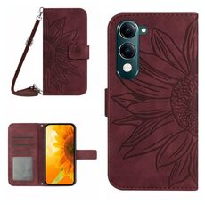 Per vivo Y04 4G / Y29s 5G Custodia in pelle con stampa a fiore di sole e cordino (rosso vino)