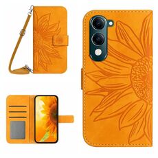 Per vivo Y04 4G / Y29s 5G Custodia in pelle con stampa a fiore di sole e cordino (giallo)