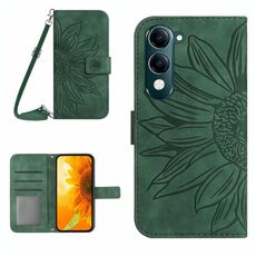 Per vivo Y04 4G / Y29s 5G Custodia in pelle con stampa a fiore di sole e cordino (verde)