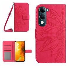 Per vivo Y04 4G / Y29s 5G Custodia in pelle con stampa a fiore di sole e cordino (rosso rosa)