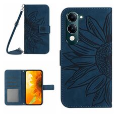 Per vivo Y04 4G / Y29s 5G Custodia in pelle con stampa a fiore di sole e cordino (blu inchiostro)