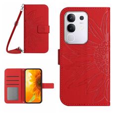 Per vivo Y29 4G Custodia in pelle con stampa a fiore di sole con cordino e flip per telefono cellulare Global Skin Feel (rosso)
