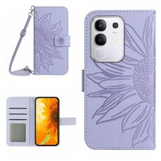 Per vivo Y29 4G Custodia in pelle con stampa a fiore di sole con cordino e flip per telefono cellulare Global Skin Feel (viola)