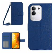 Per vivo Y29 4G Custodia in pelle con stampa a fiore di sole e cordino per telefono cellulare Global Skin Feel Sun (blu scuro)