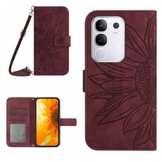 Per vivo Y29 4G Custodia per telefono in pelle con stampa a fiore di sole e cordino con motivo a flip Global Skin Feel (rosso vino)