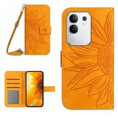 Per vivo Y29 4G Custodia per telefono in pelle con stampa a fiore di sole e cordino (giallo)