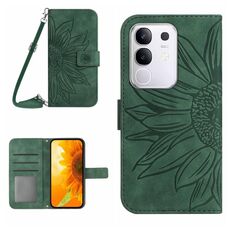 Per vivo Y29 4G Custodia per telefono in pelle con stampa a fiore di sole e cordino (verde)