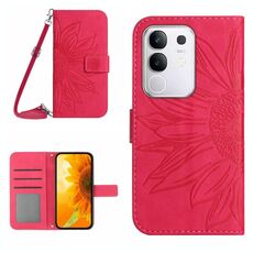 Per vivo Y29 4G Custodia in pelle con stampa a fiore di sole con cordino e motivo a flip con effetto pelle globale (rosso rosa)
