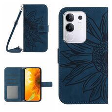 Per vivo Y29 4G Custodia per telefono in pelle con stampa a fiore di sole e cordino con motivo a flip Global Skin Feel (blu inchiostro)