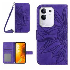 Per vivo Y29 4G Custodia per telefono in pelle con stampa a fiore di sole e cordino con motivo a flip Global Skin Feel (viola scuro)