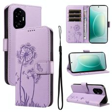 Custodia in pelle flip con motivo in rilievo a dente di leone per Honor 300 (viola)
