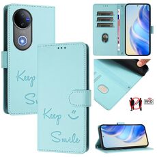 Per vivo V50 5G Global Smile Embossing RFID Custodia in pelle per telefono (verde menta)