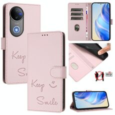 Per vivo V50 5G Global Smile Embossing RFID Custodia in pelle per telefono (rosa)