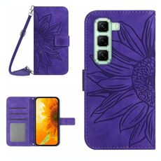 Custodia a libro in pelle con stampa a fiore di sole per Infinix Hot 50 Pro 4G con cordino (viola scuro)
