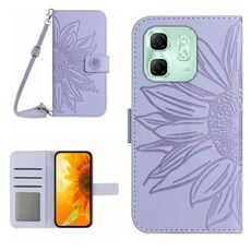 Per Infinix Hot 50i 4G Custodia in pelle con stampa a fiore di sole e cordino (viola)