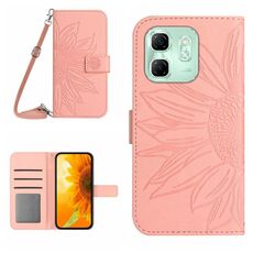 Per Infinix Hot 50i 4G Custodia in pelle con stampa a fiore di sole e cordino (rosa)
