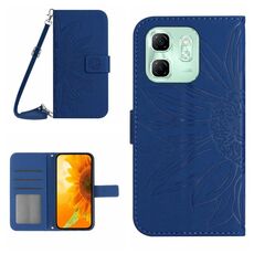 Per Infinix Hot 50i 4G Custodia in pelle con stampa a fiore di sole e cordino (blu scuro)