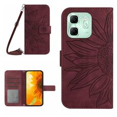 Per Infinix Hot 50i 4G Custodia in pelle con stampa a fiore di sole e cordino (rosso vino)