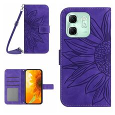 Custodia a libro in pelle con stampa a fiore di sole per Infinix Hot 50i 4G con cordino (viola scuro)