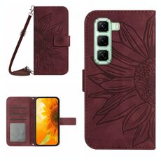 Per Infinix Hot 50 5G Custodia in pelle con stampa a fiore di sole e cordino (rosso vino)