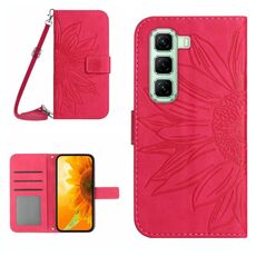 Per Infinix Hot 50 5G Custodia in pelle con stampa a fiore di sole e cordino (rosso rosa)