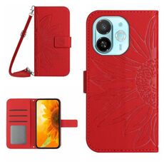 Per Tecno Spark 30C 5G Custodia in pelle con stampa a fiore di sole e cordino (rosso)
