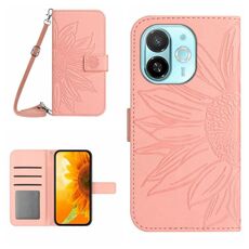 Per Tecno Spark 30C 5G Custodia in pelle con stampa a fiore di sole e cordino (rosa)