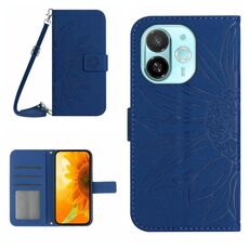 Per Tecno Spark 30C 5G Custodia in pelle con stampa a fiore di sole e cordino (blu scuro)