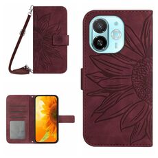 Per Tecno Spark 30C 5G Custodia in pelle con stampa a fiore di sole e cordino (rosso vino)
