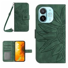 Per Tecno Spark 30C 5G Custodia in pelle con stampa a fiore di sole e cordino (verde)