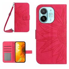 Per Tecno Spark 30C 5G Custodia in pelle con stampa a fiore di sole e cordino (rosso rosa)