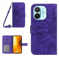 Per Tecno Spark 30C 5G Custodia in pelle con stampa a fiore di sole e cordino (viola scuro)