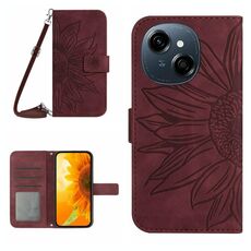 Per Tecno Pop 9 4G / Spark Go 2025 4G Custodia in pelle con stampa a fiore di sole e cordino (rosso vino)