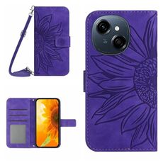 Per Tecno Pop 9 4G / Spark Go 2025 4G Custodia in pelle con stampa a fiore di sole e cordino (viola scuro)