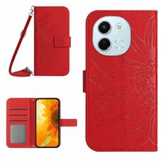 Per Tecno Spark 30 5G Custodia in pelle con stampa a fiore di sole e cordino (rosso)