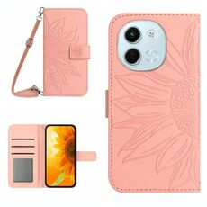 Per Tecno Spark 30 5G Custodia in pelle con stampa a fiore di sole e cordino (rosa)