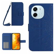 Per Tecno Spark 30 5G Custodia in pelle con stampa a fiore di sole e cordino (blu scuro)