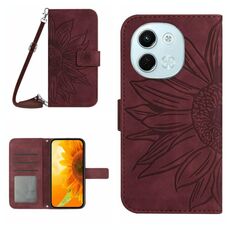 Per Tecno Spark 30 5G Custodia in pelle con stampa a fiore di sole e cordino (rosso vino)