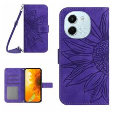 Per Tecno Spark 30 5G Custodia in pelle con stampa a fiore di sole e cordino (viola scuro)